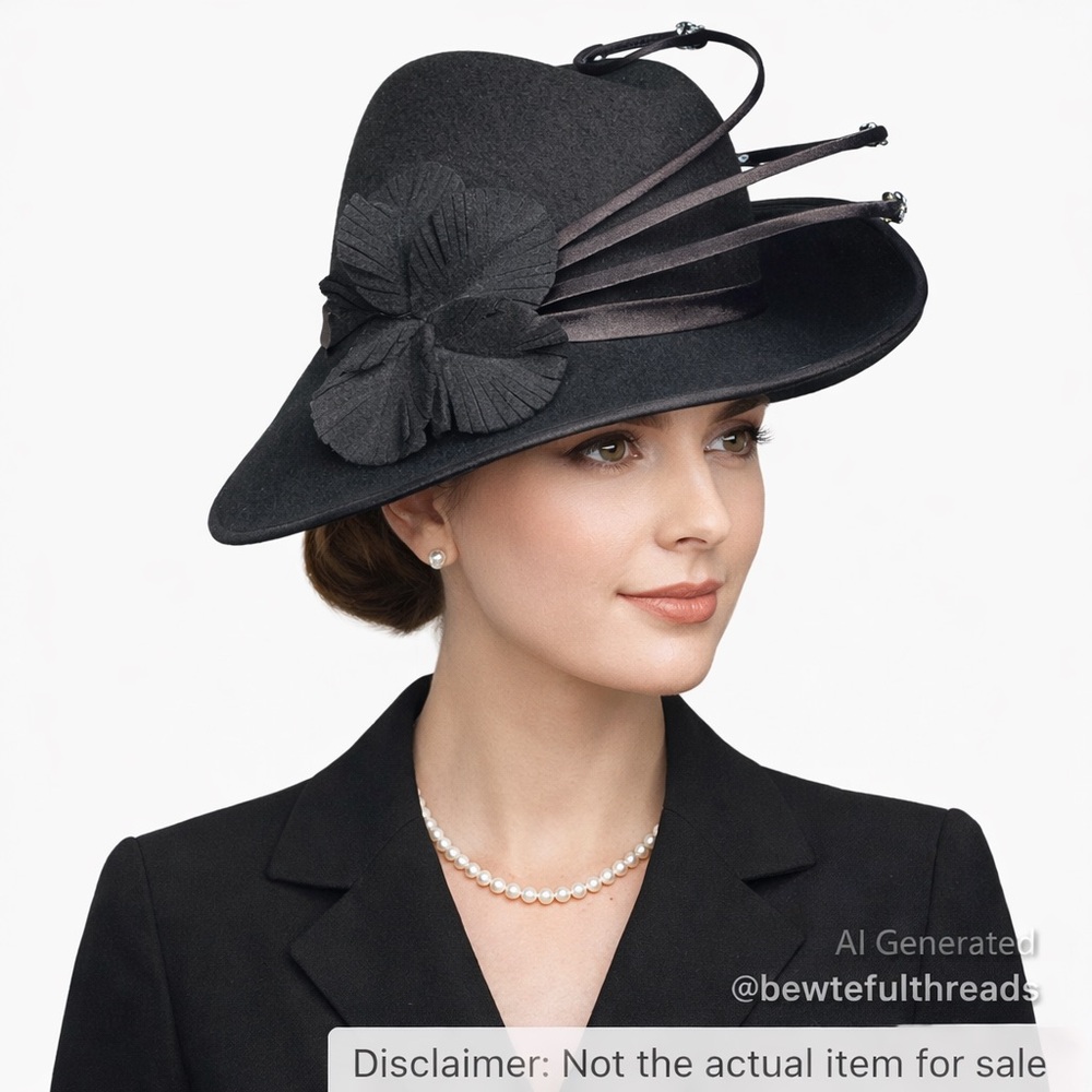 Exquisite Elegance Black Felt Dress Hat Floral Appliqué Vintage Chic